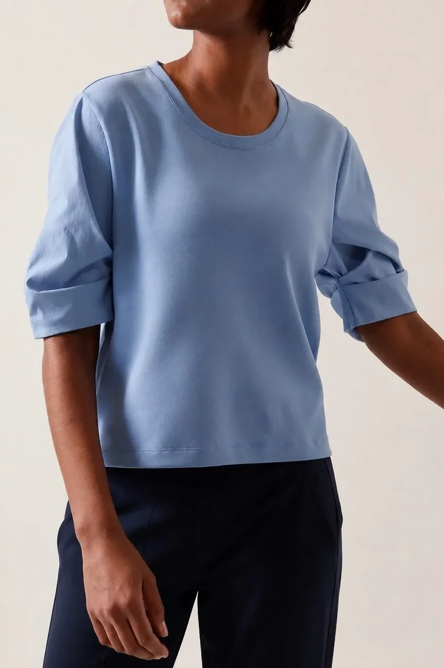 Athleta Harlow Hybrid Tee Heron Blue Puff Sleeve Lightweight Top Size Medium